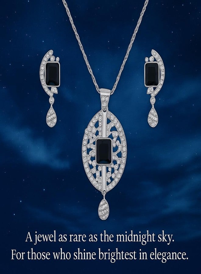 Touchstone NEW Indian Bollywood Wonderful Style Beautiful Filigree Oval Shape White Rhinestone Faux Black Onyx Designer Jewelry Pendant Set In Silver Tone For Women. - Image 4