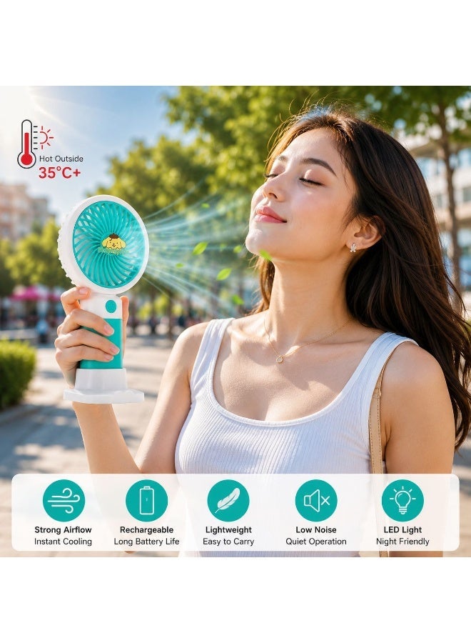 مروحة صغيرة محمولة قابلة لإعادة الشحن مع حامل وإضاءة LED، مروحة تبريد شخصية قابلة للشحن عبر منفذ USB للمكتب وغرفة النوم والسفر والطقس الحار - Image 1