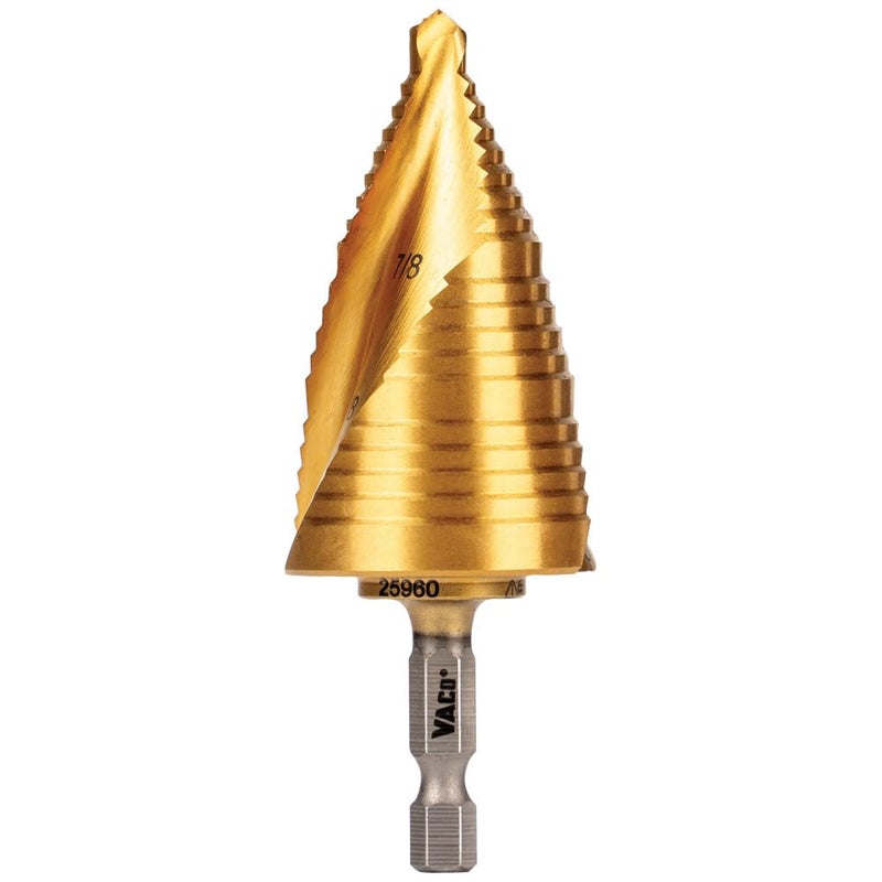 Klein Tools 25960 Step Drill Bit 78 to 138Inch Spiral DoubleFluted Cut Thin Metal Plastic Aluminum Wood 14Inch Hex Shank VACO