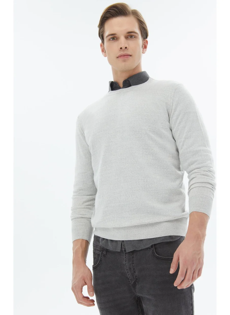 Kip Light Grey Crew Neck Plain Knit Wool Blend Sweater