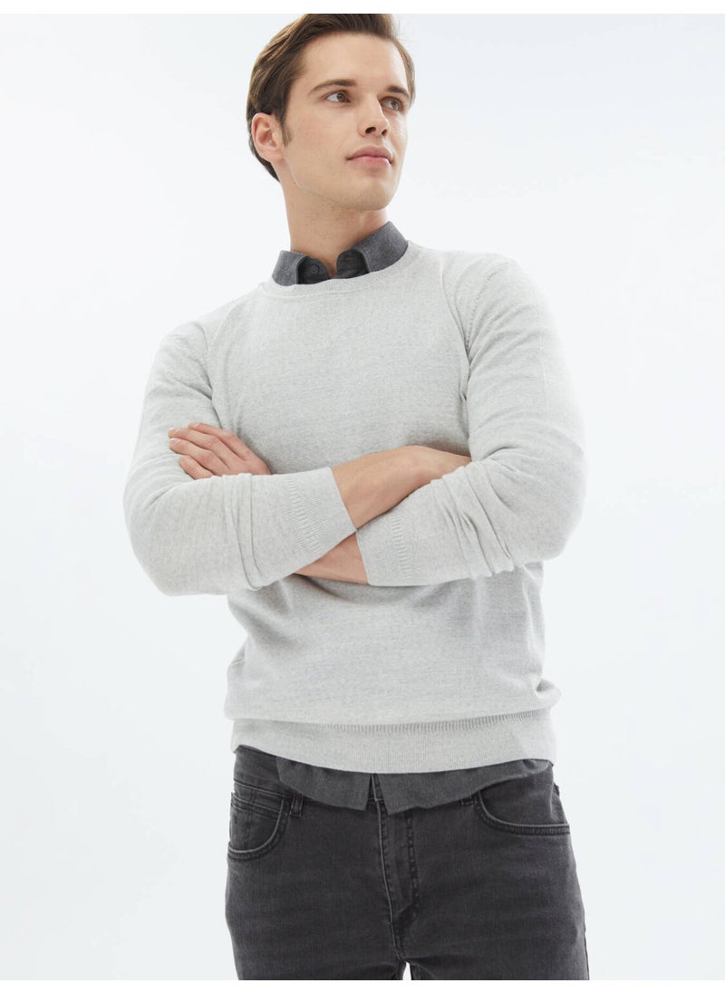 Kip - Light Grey Crew Neck Plain Knit Wool Blend Sweater - Image 1