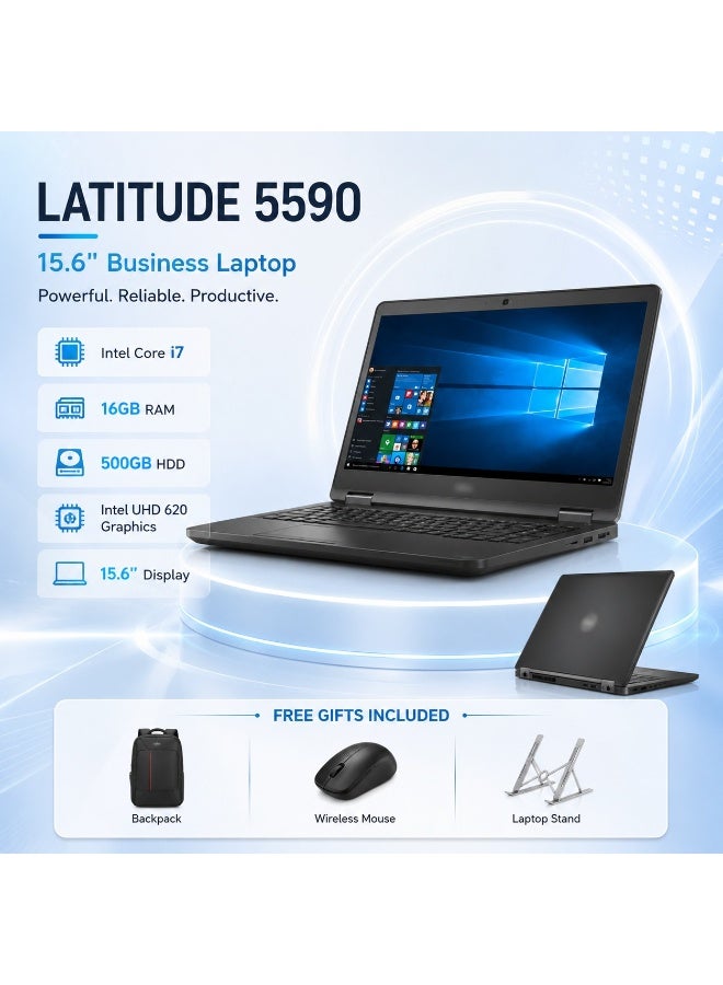 Latitude 5590 Business Laptop, 15.6-Inch Full HD Display, Intel Core i7, 16GB RAM, 500GB HDD, Intel UHD 620 Graphics, Free Gifts - Image 1
