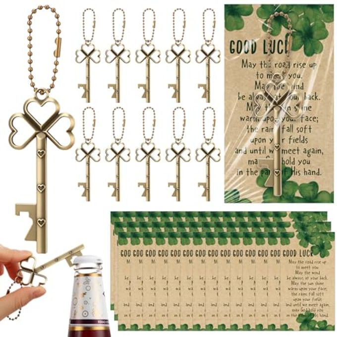 Vesici 30 Set St Patricks Day Bulk Shamrock Skeleton Key Beer Bottle Opener with Good Luck Clover Cards Vintage Irish Party Favors Appreciation Gift for Employee Coworker Family