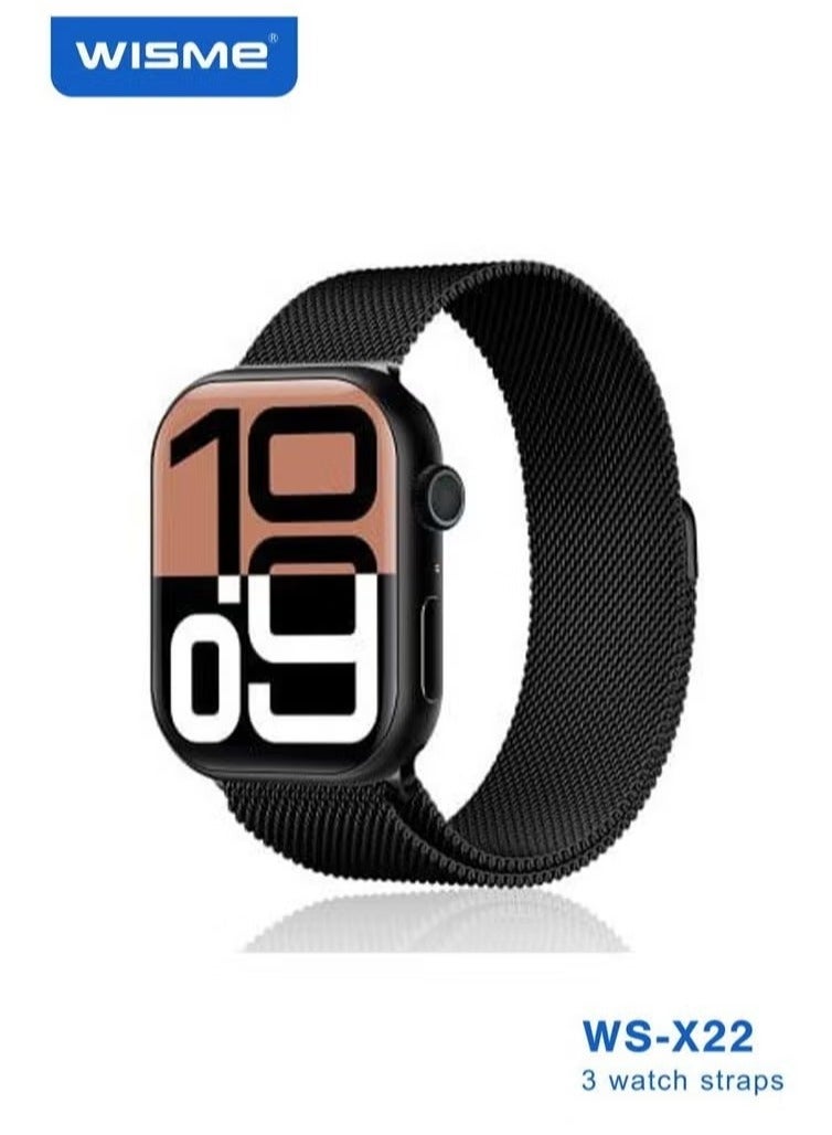 WISME ساعة ذكية متعددة الوظائف مقاومة للماء WS-X22 | شاشة كاملة -- 3 أزواج من الأشرطة | كابل شحن | للجنسين | أسود - Image 1