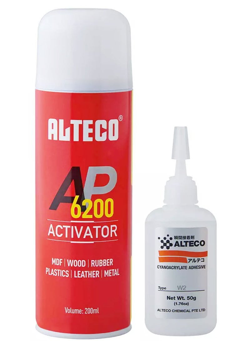 ألتيكو طقم مكون من قطعتين: مُنشّط (Activator) سعة 200 مل ولاصق سيانوأكريلات W2 بوزن 50 جم؛ مجموعة لاصقة سريعة الربط لـ MDF، والخشب، والمطاط، والبلاستيك، والجلد، والمعدن؛ طقم إصلاح ولصق متعدد الأغراض - ALTECO AP6200 - Image 2