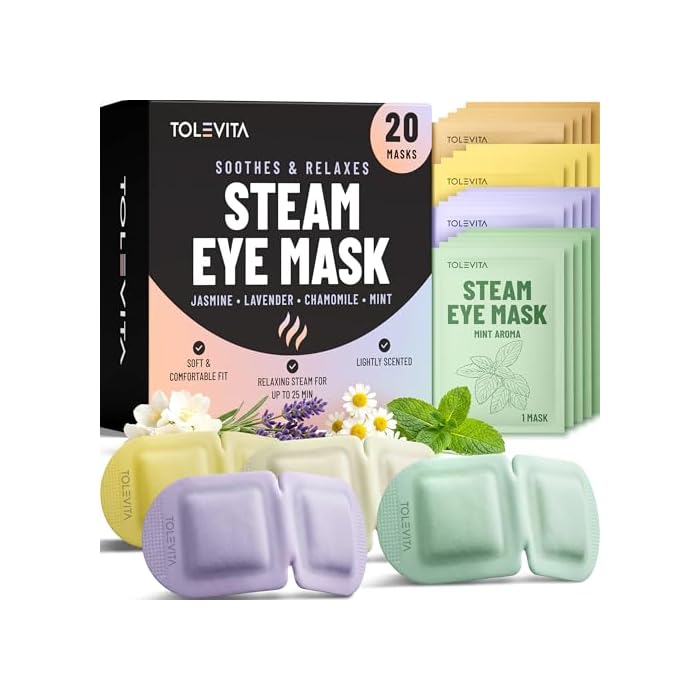 TOLEVITA Steam Eye Mask, 20 Pack Self-Heating Disposable Warm Eye Masks for Relaxation & Comfort, Lavender, Mint, Jasmine & Chamomile Aromas, Spa Sleep Mask, Travel Essentials