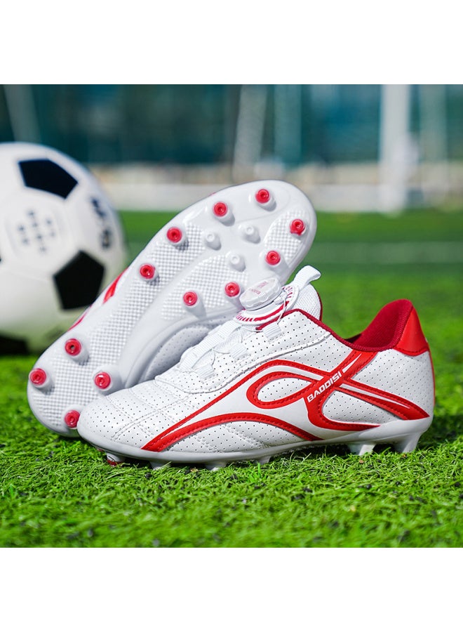 Boys' Football Shoes with Rotating Button, TF Short Studs, Breathable Knit Upper, White and Red