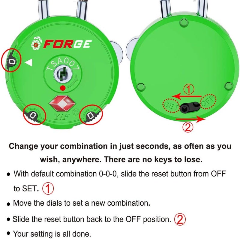 Forge Quality TSA Approved Luggage Locks for Travel Accessories, Suitcase, Pelican case, Ammo Boxes, Set Your own Combination, Zinc Alloy Body-Cable Green 2 Locks - Image 5
