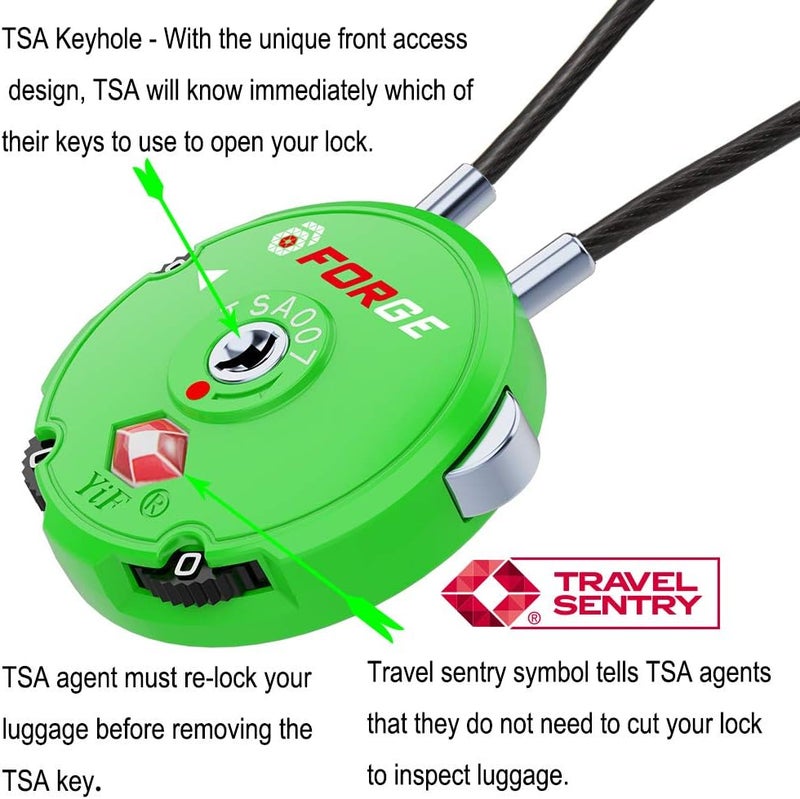 Forge Quality TSA Approved Luggage Locks for Travel Accessories, Suitcase, Pelican case, Ammo Boxes, Set Your own Combination, Zinc Alloy Body-Cable Green 2 Locks - Image 2