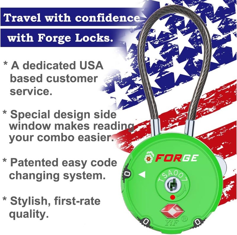 Forge Quality TSA Approved Luggage Locks for Travel Accessories, Suitcase, Pelican case, Ammo Boxes, Set Your own Combination, Zinc Alloy Body-Cable Green 2 Locks - Image 3