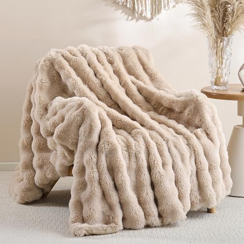 Smoofy Faux Fur Throw Blanket for Couch – Linen Fluffy Cozy Rabbit Fleece, Plush Soft Bubble Blanket for Sofa & Bed, for Mom, Warm Fuzzy Home Room Decor Throw 50" x 60" - Image 1