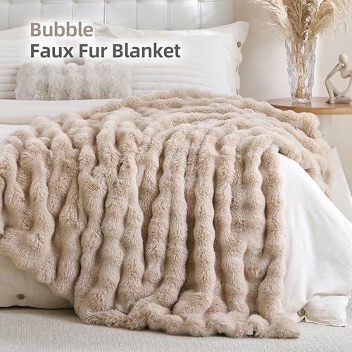 Smoofy Faux Fur Throw Blanket for Couch – Linen Fluffy Cozy Rabbit Fleece, Plush Soft Bubble Blanket for Sofa & Bed, for Mom, Warm Fuzzy Home Room Decor Throw 50" x 60" - Image 2