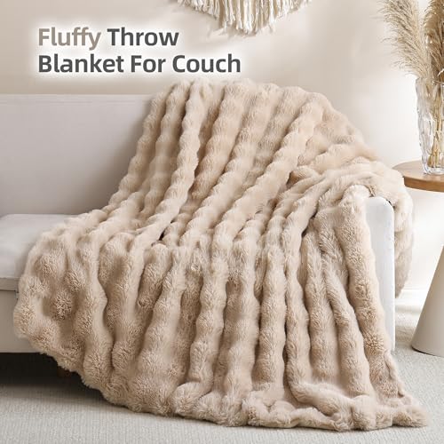 Smoofy Faux Fur Throw Blanket for Couch – Linen Fluffy Cozy Rabbit Fleece, Plush Soft Bubble Blanket for Sofa & Bed, for Mom, Warm Fuzzy Home Room Decor Throw 50" x 60" - Image 3