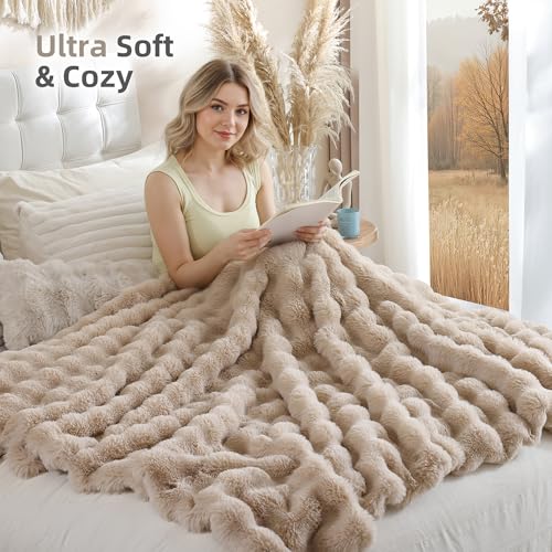Smoofy Faux Fur Throw Blanket for Couch – Linen Fluffy Cozy Rabbit Fleece, Plush Soft Bubble Blanket for Sofa & Bed, for Mom, Warm Fuzzy Home Room Decor Throw 50" x 60" - Image 4