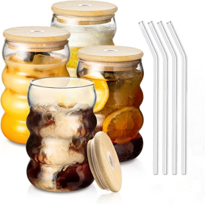 WRINGO 500ML Round Line Design Glass Mason Jars with Lids for Fruit Juice Milk Beer Soda with Reusable Travel Tumbler Sipper Mug with Airtight Lid Green Tea and Coffee Cup Glass with Straw WR04 - Image 1