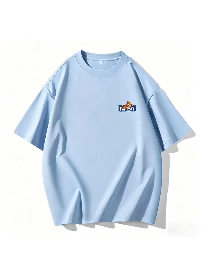 NASA Co-branded Bear Print Pure Cotton Blue T-Shirt Size 5XL - Image 1