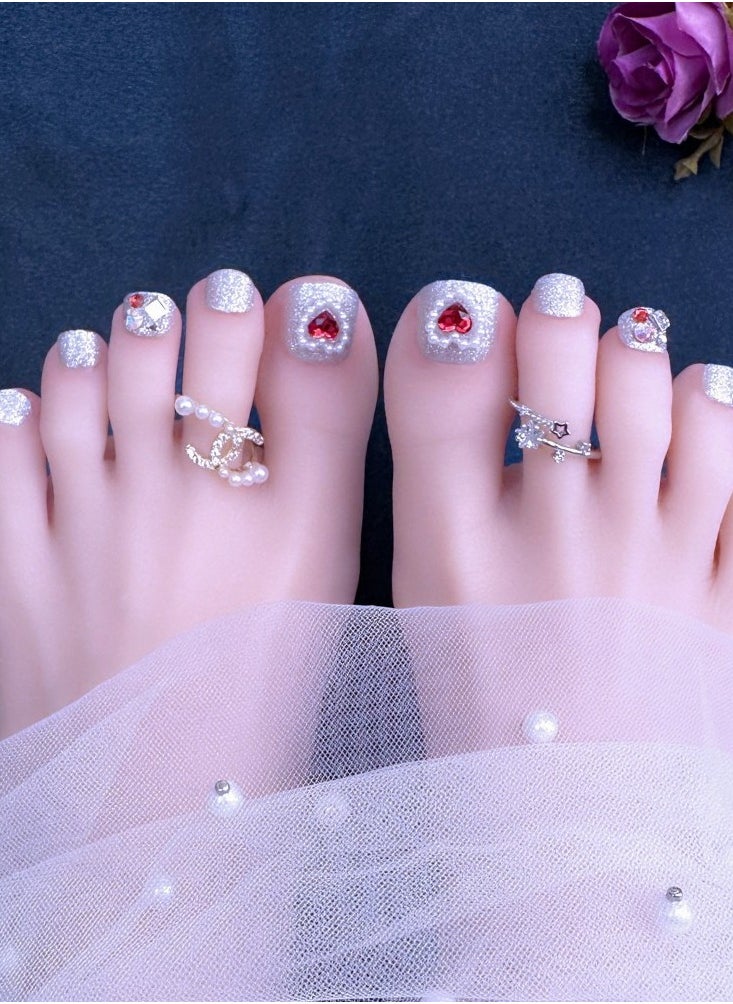 NIBEMINENT 24Pcs Fake Toenails, Press Toenails,12 Size In Box,Short-length Manicure,Sliver Solid Color Shiny Nail Art,Red Love Heart Zircon Pearl Nail Art,Fake Nail Patch  - Image 2