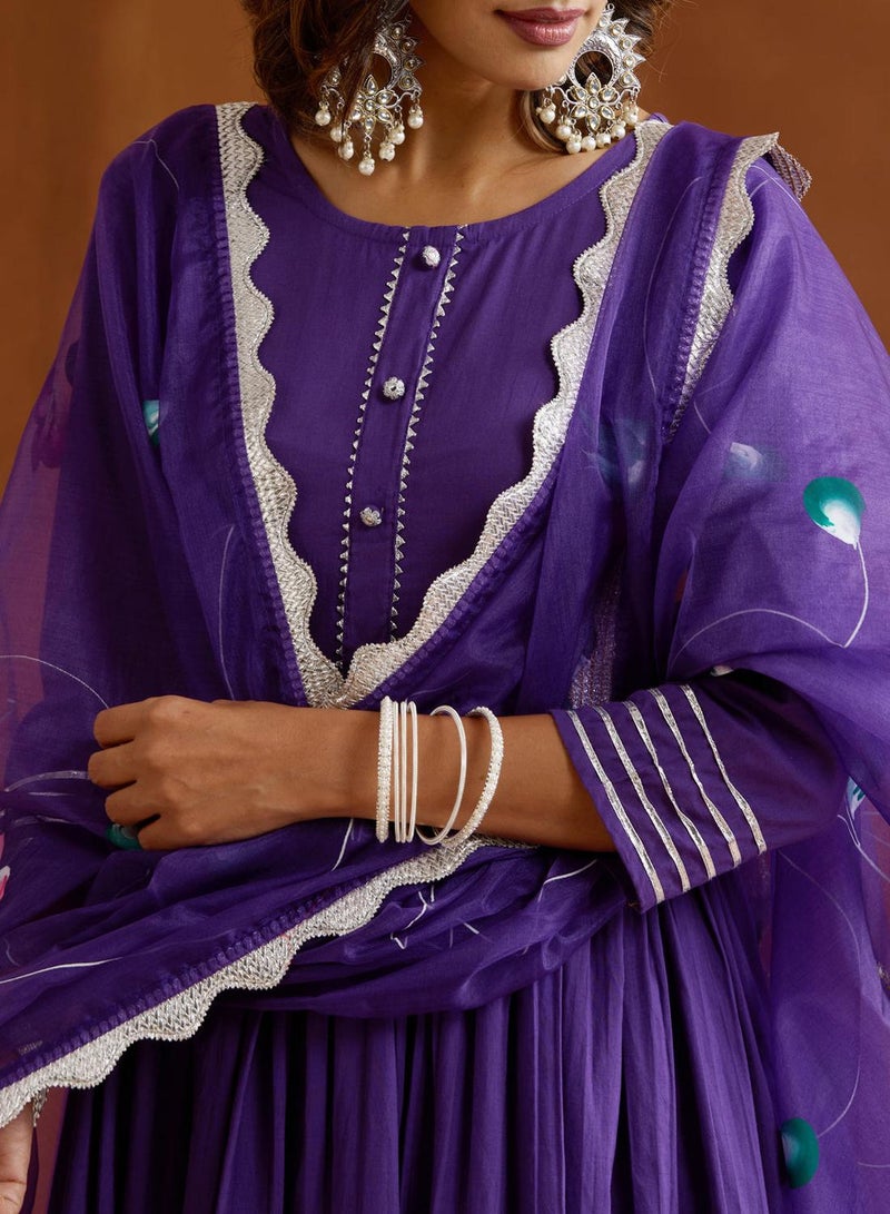 ISHIN Women's Purple 100% Cotton Embroidered Tunic Full Length Palazzo Straight Fit Kurta Set - Image 2