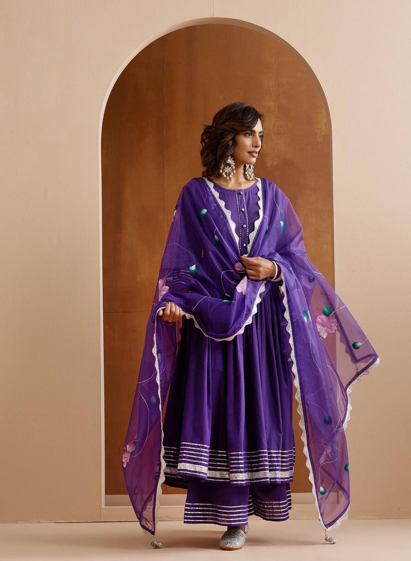 ISHIN Women's Purple 100% Cotton Embroidered Tunic Full Length Palazzo Straight Fit Kurta Set - Image 1