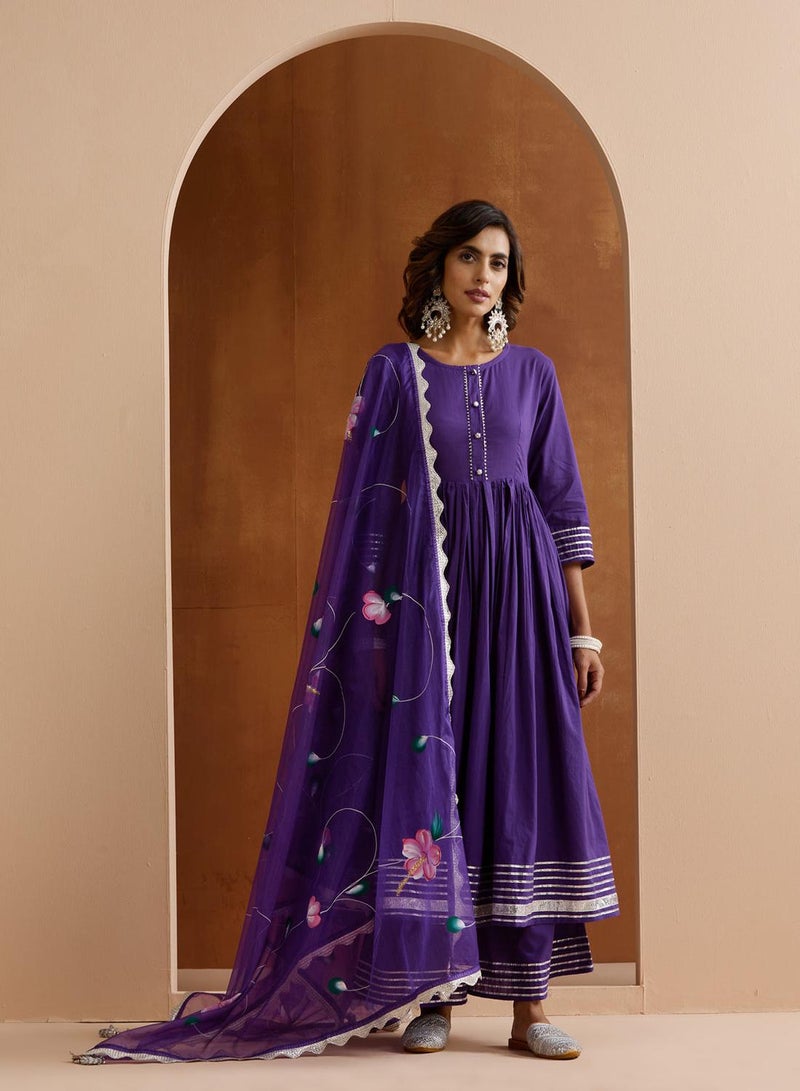 ISHIN Women's Purple 100% Cotton Embroidered Tunic Full Length Palazzo Straight Fit Kurta Set - Image 5