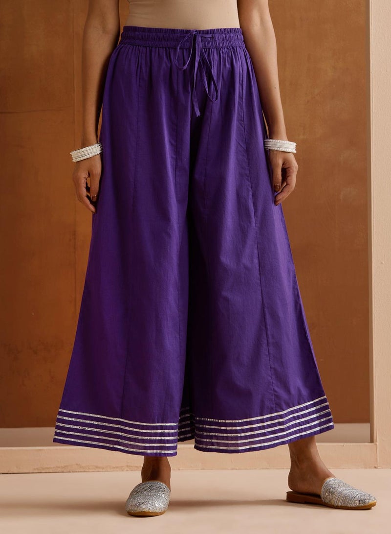 ISHIN Women's Purple 100% Cotton Embroidered Tunic Full Length Palazzo Straight Fit Kurta Set - Image 3