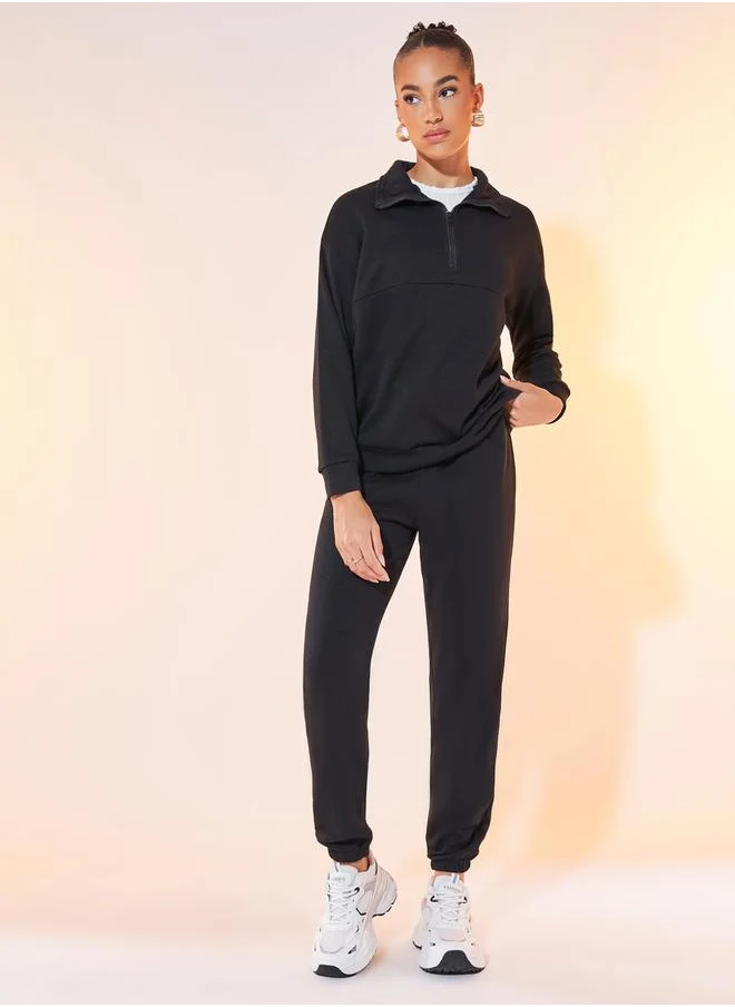 Styli Solid Half-Zip Long Sleeve Sweatshirt & Joggers Co-Ord Set