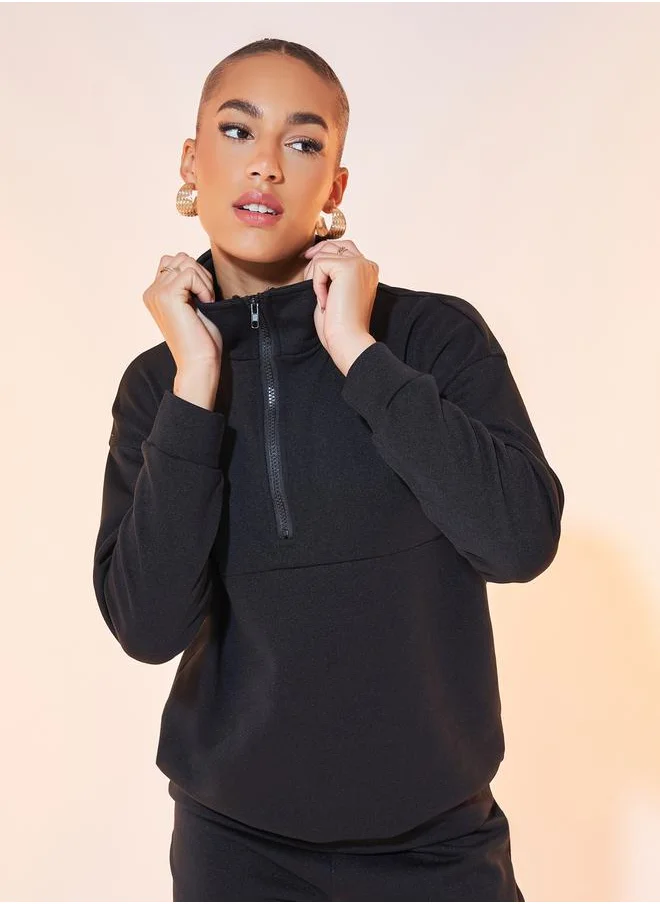 Styli Solid Half-Zip Long Sleeve Sweatshirt & Joggers Co-Ord Set