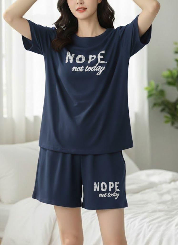 SMOWKLY Women Cotton Blend Night Suit | Short Night Dress Set for Women | Soft Printed T-Shirt & Shorts Pajama Set | Comfortable Summer Nightwear for Ladies & Girls(1585_NBL_L) Navy Blue - Image 4