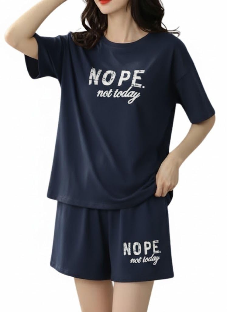 SMOWKLY Women Cotton Blend Night Suit | Short Night Dress Set for Women | Soft Printed T-Shirt & Shorts Pajama Set | Comfortable Summer Nightwear for Ladies & Girls(1585_NBL_L) Navy Blue - Image 1