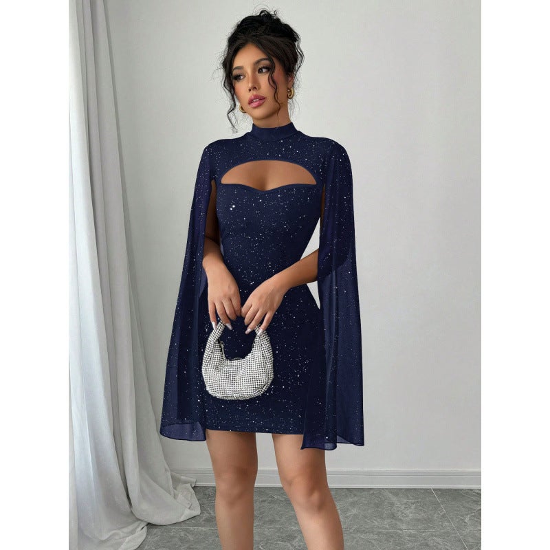 Fashion Round Neck Ribbed Pearl Chiffon Cape Bodycon Dress - Image 1