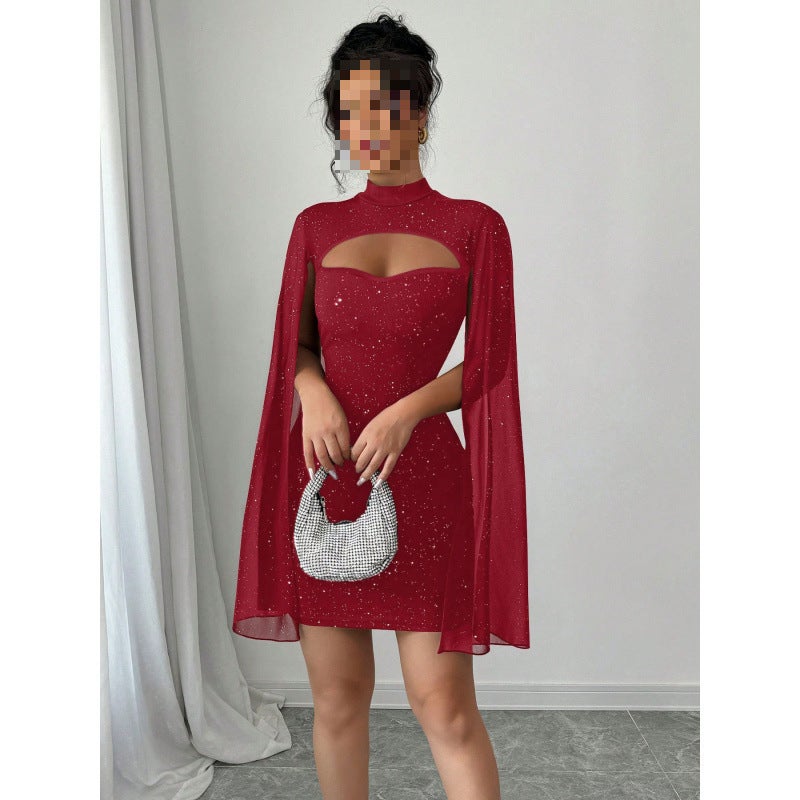 Fashion Round Neck Ribbed Pearl Chiffon Cape Bodycon Dress - Image 2
