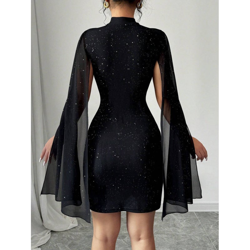 Fashion Round Neck Ribbed Pearl Chiffon Cape Bodycon Dress - Image 3