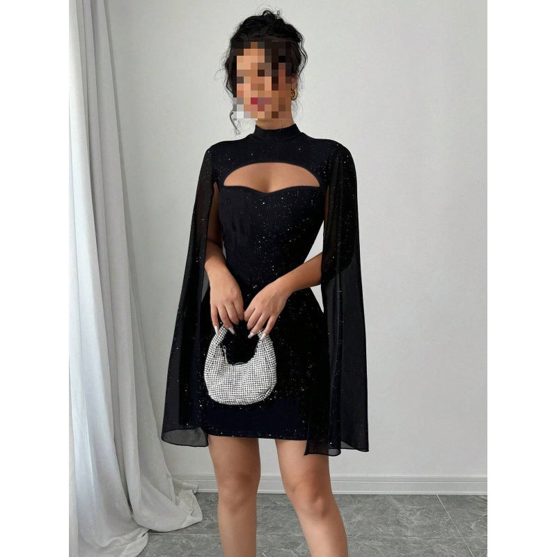 Fashion Round Neck Ribbed Pearl Chiffon Cape Bodycon Dress - Image 4