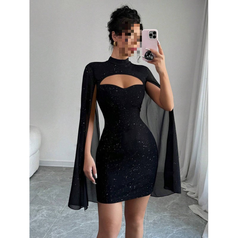 Fashion Round Neck Ribbed Pearl Chiffon Cape Bodycon Dress - Image 5