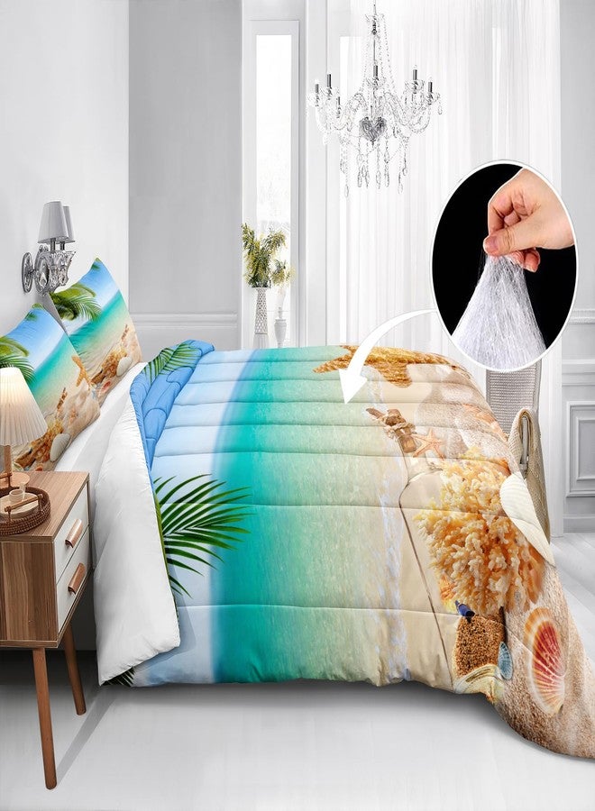 MOVE OVER 4 Pieces King Size Ocean Beach Bedding Set Coastal Bedding Set Starfish and Shells Pattern Ocean Comforter Set for Boys Girls and Teens Tropical Palm Tree Printed Beachy Comforter Set - Image 4