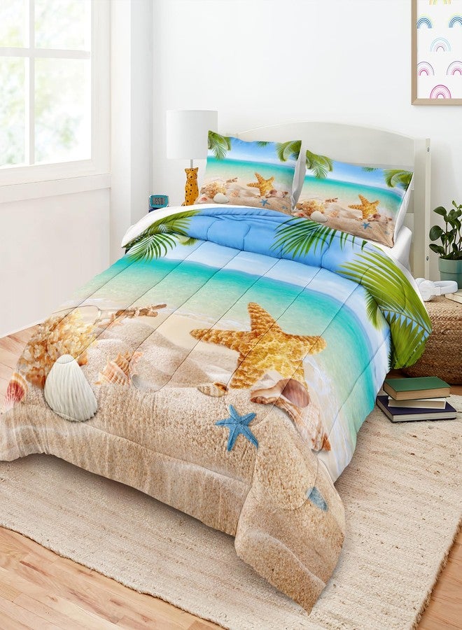 MOVE OVER 4 Pieces King Size Ocean Beach Bedding Set Coastal Bedding Set Starfish and Shells Pattern Ocean Comforter Set for Boys Girls and Teens Tropical Palm Tree Printed Beachy Comforter Set - Image 2
