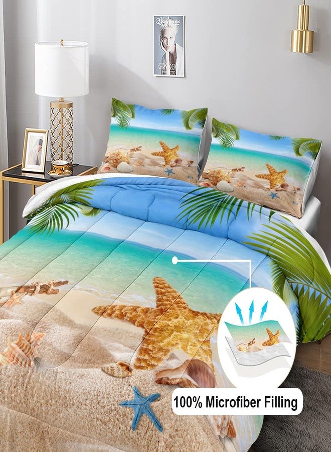 MOVE OVER 4 Pieces King Size Ocean Beach Bedding Set Coastal Bedding Set Starfish and Shells Pattern Ocean Comforter Set for Boys Girls and Teens Tropical Palm Tree Printed Beachy Comforter Set - Image 3