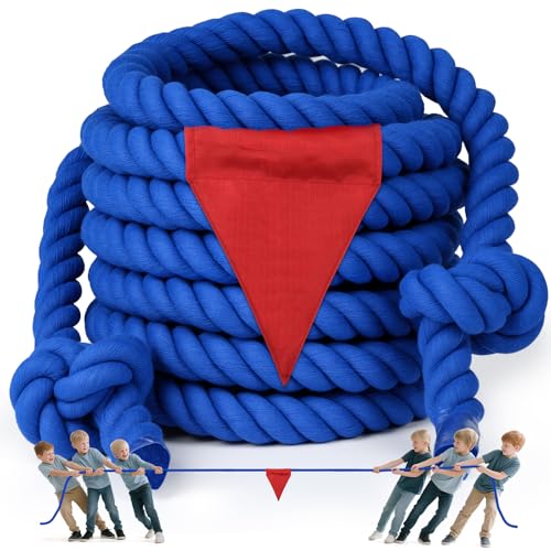 X XBEN Tug of a War Rope for Kids and Adult Tag o War Ropes with Flag for Outdoor Outside Carnival Lawn Field Team Building Game Safety Cord for School and Church Blue 45FT - Image 1