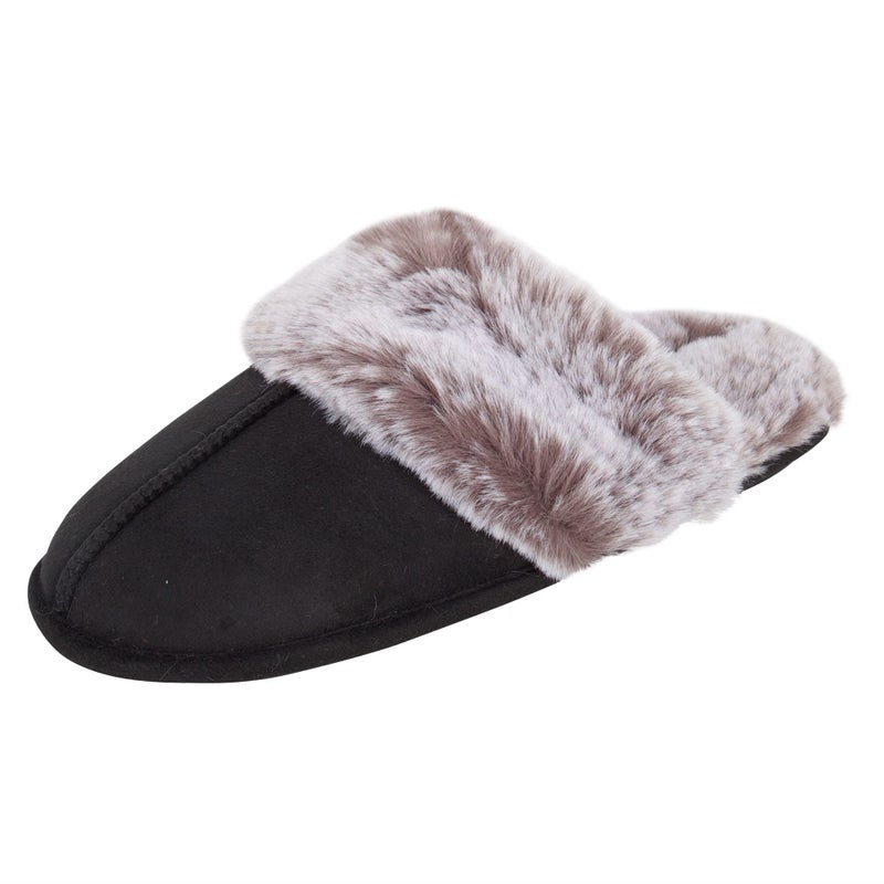 Jessica Simpson Women's Comfy Faux Fur House Slipper Scuff Memory Foam Slip on Anti-Skid Sole, Black, Small - Image 1