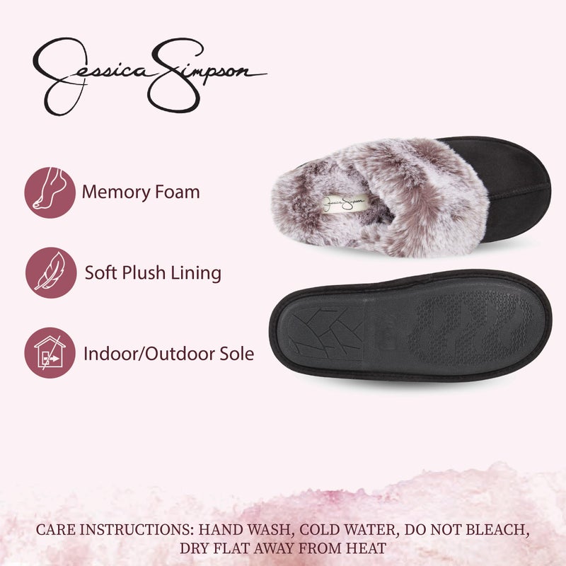 Jessica Simpson Women's Comfy Faux Fur House Slipper Scuff Memory Foam Slip on Anti-Skid Sole, Black, Small - Image 3