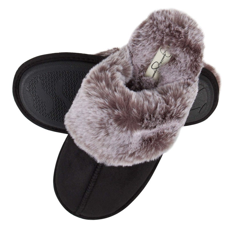 Jessica Simpson Women's Comfy Faux Fur House Slipper Scuff Memory Foam Slip on Anti-Skid Sole, Black, Small - Image 4
