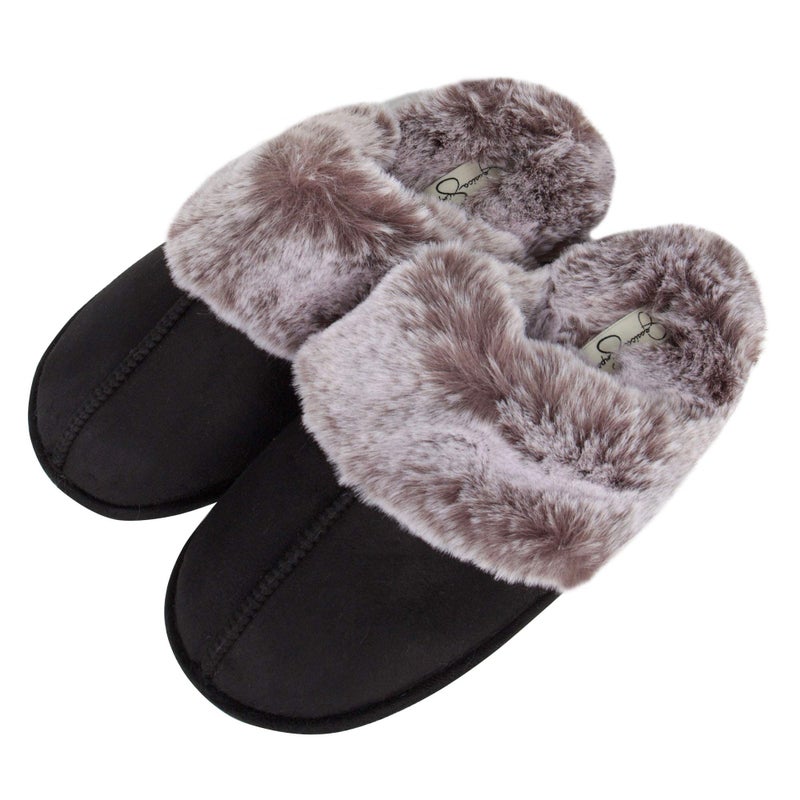 Jessica Simpson Women's Comfy Faux Fur House Slipper Scuff Memory Foam Slip on Anti-Skid Sole, Black, Small - Image 5