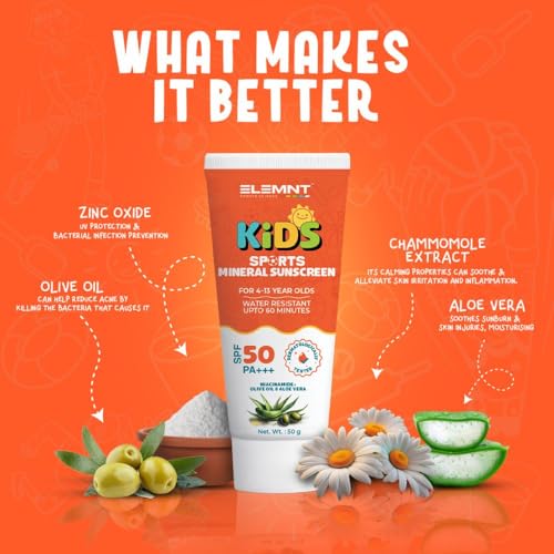 Elemnt Kids Sunscreen for Sports | SPF 50, PA+++ Dermatologically Tested, Water Resistant Mineral Sunscreen | Kid friendly formulation with Niacinamide, Olive Oil & Aloe Vera | Kids Sun protection for Girls, Boys 4 to 13 year old - 50gm - Image 5