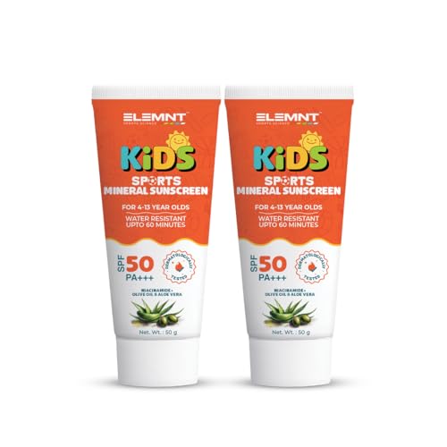 Elemnt Kids Sunscreen for Sports | SPF 50, PA+++ Dermatologically Tested, Water Resistant Mineral Sunscreen | Kid friendly formulation with Niacinamide, Olive Oil & Aloe Vera | Kids Sun protection for Girls, Boys 4 to 13 year old - 50gm - Image 1