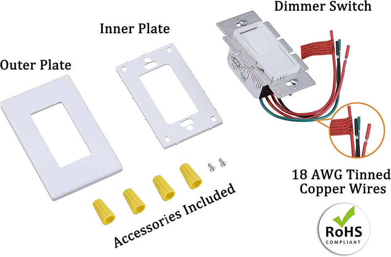 CLOUDY BAY in Wall Dimmer Switch for LED Light/CFL/Incandescent,3-Way Single Pole Dimmable Slide,600 Watt max,Cover Plate Included - Image 3