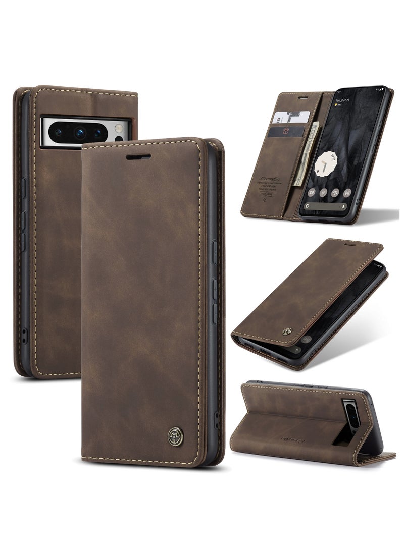 CaseMe - CaseMe Google Pixel 7 Pro Case Wallet, for Google Pixel 7 Pro Wallet Case Book Folding Flip Folio Case with Magnetic Kickstand Card Slots Protective Cover - Coffee - Image 1