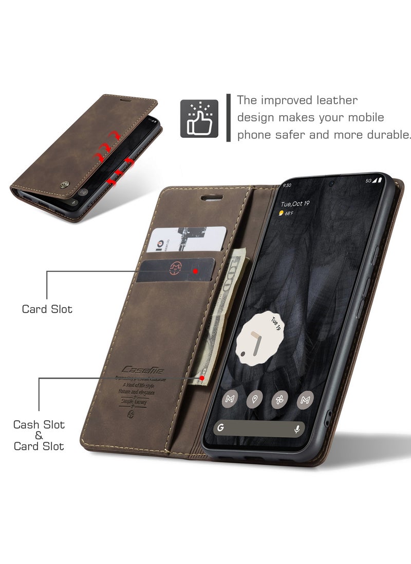 CaseMe - CaseMe Google Pixel 7 Pro Case Wallet, for Google Pixel 7 Pro Wallet Case Book Folding Flip Folio Case with Magnetic Kickstand Card Slots Protective Cover - Coffee - Image 1
