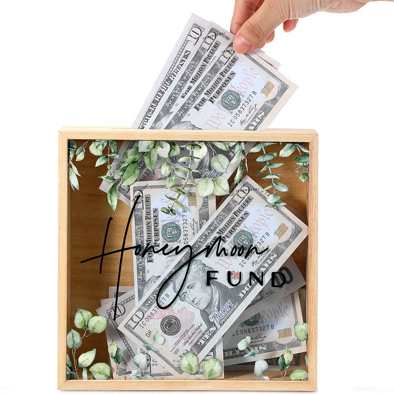 Unittype Unittype Honey Moon Fund Box Wedding Card Rustic Wooden Fund Case Wood Greenery Honeymoon Shadow Box for Wedding Reception Party Bridal Shower Gift 8 x 8 Inch 