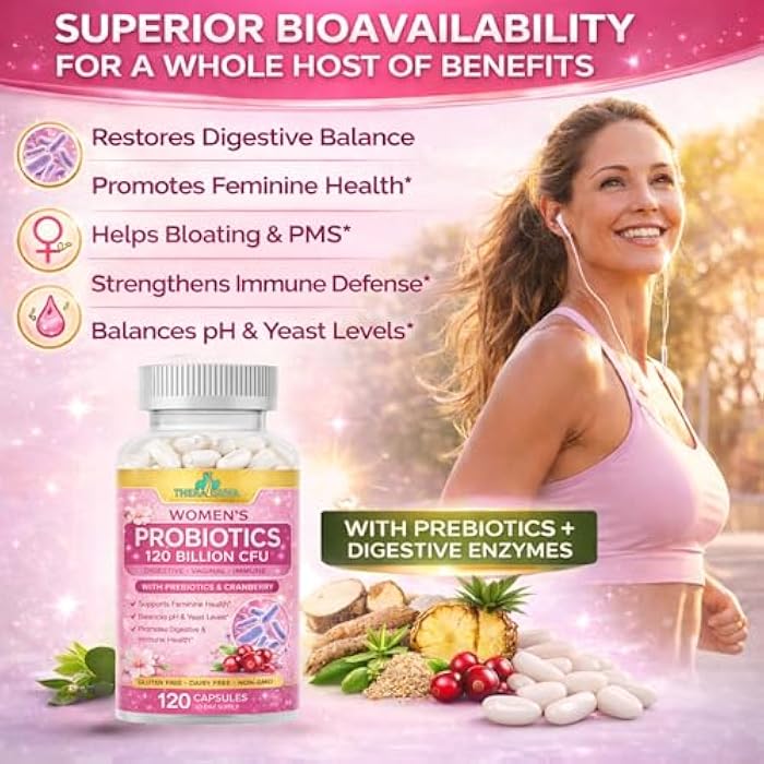 TheraSuva Women’s Advanced Probiotics 120 Billion CFU (36 Strains) with Prebiotics, Enzymes & Cranberry - for Gut, Immune & Feminine Health Support - 2 Month Supply, 120 Softgels - Image 4