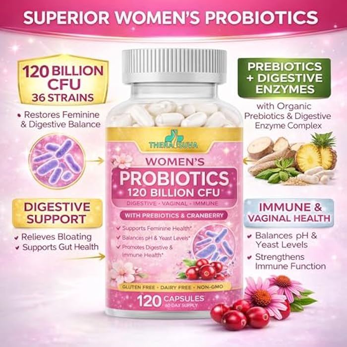 TheraSuva Women’s Advanced Probiotics 120 Billion CFU (36 Strains) with Prebiotics, Enzymes & Cranberry - for Gut, Immune & Feminine Health Support - 2 Month Supply, 120 Softgels - Image 3